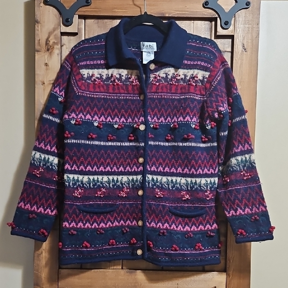 Tabi Vintage 90s Pure Wool Multicolor Knit Cardigan Size M